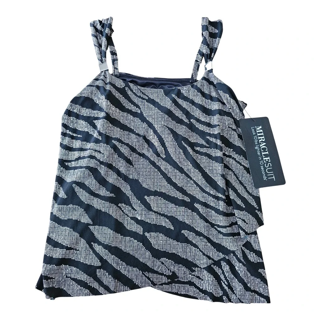 Miraclesuit Dazzle Tankini Top Women 10 Black White Zebra NWT 6530226‎